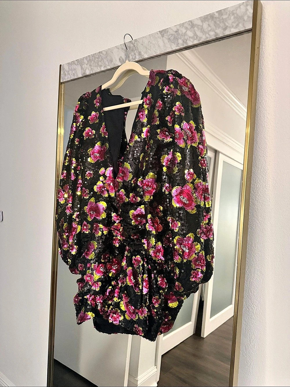 For Love & Lemons Floral Sequin dress in Black & Pink Size XS built in bodysuit